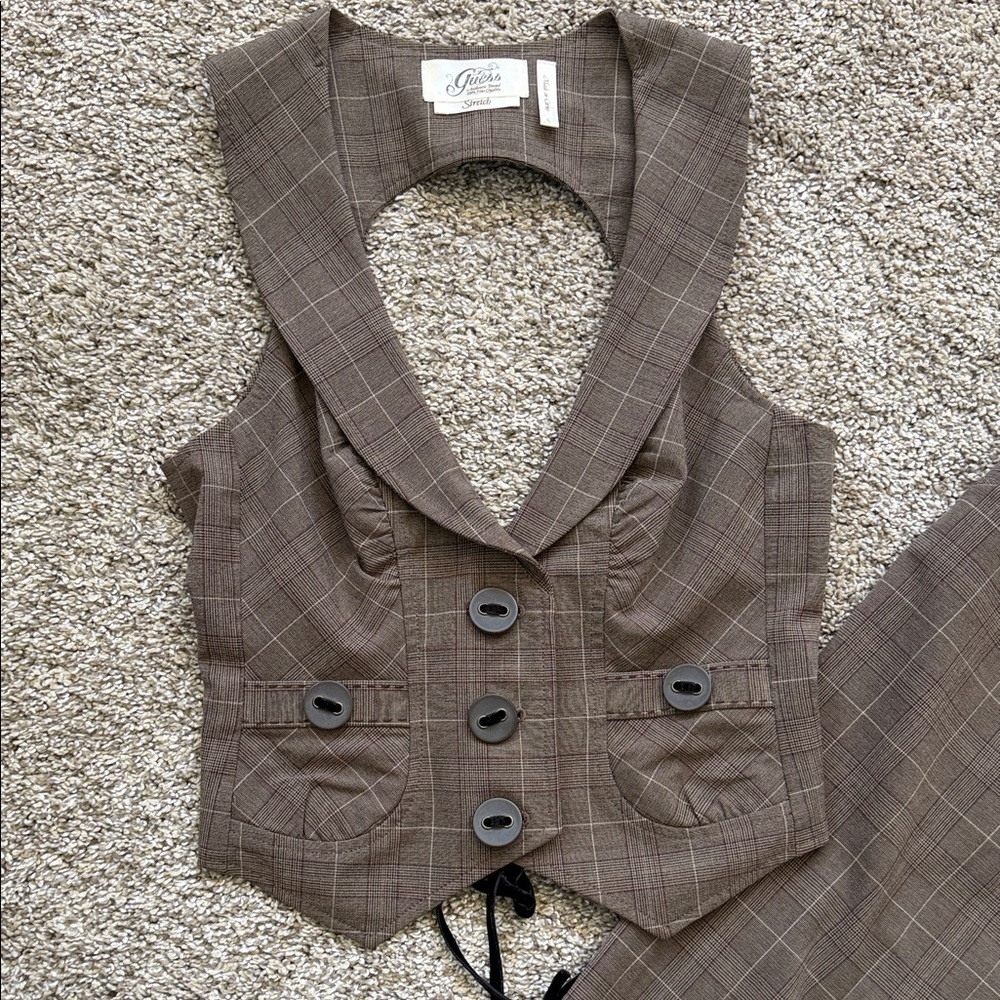 GUESS Brown Plaid Boot-Cut Pants with Matching Corset back Vest - Picture 4 of 10